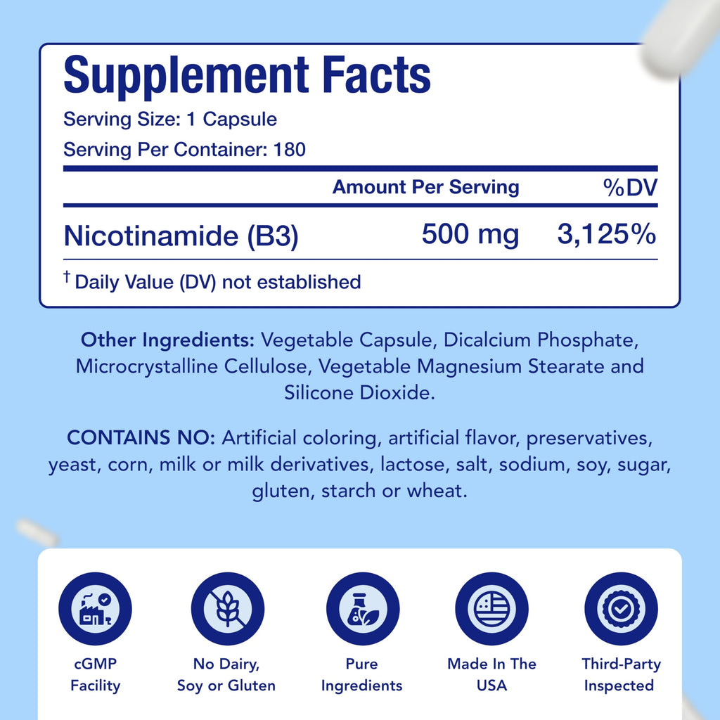 Vitamin B3 Nicotinamide 500mg Capsules | NAD+ Precursor and Longevity with Nicotinamide Form of Vitamin B3 Niacin Flush Free for Aging Skin Energy & Cellular Support | Made in the USA (180 Day Supply)