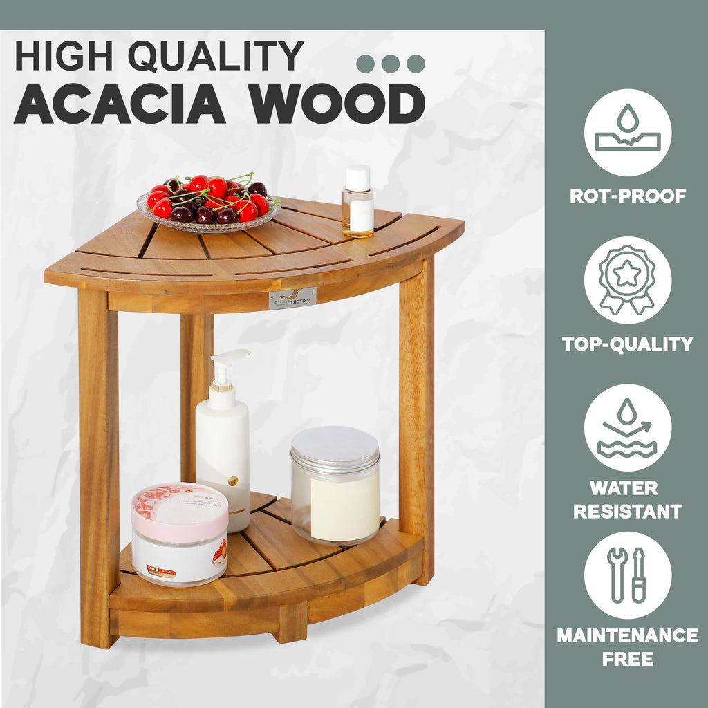 VICTORY RELAX Acacia Wood Corner Shower Stool - Waterproof Triangular Bathroom Bench with Storage Shelf & Soap Dish for Shaving, Natural Wood (17.9x12.7x16.5)