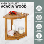 VICTORY RELAX Acacia Wood Corner Shower Stool - Waterproof Triangular Bathroom Bench with Storage Shelf & Soap Dish for Shaving, Natural Wood (17.9x12.7x16.5)