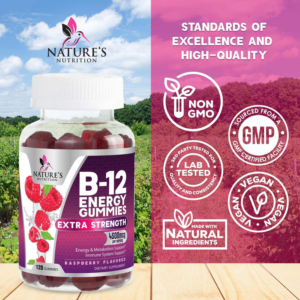 B12 Energy Gummies - 4500 mcg Per Serving Extra Strength Vitamin B12 Chewables - Dietary Supplement for Energy Metabolism & Immune Support - For Women, Men, & Kids - Natural, Berry Flavor - 120 Count