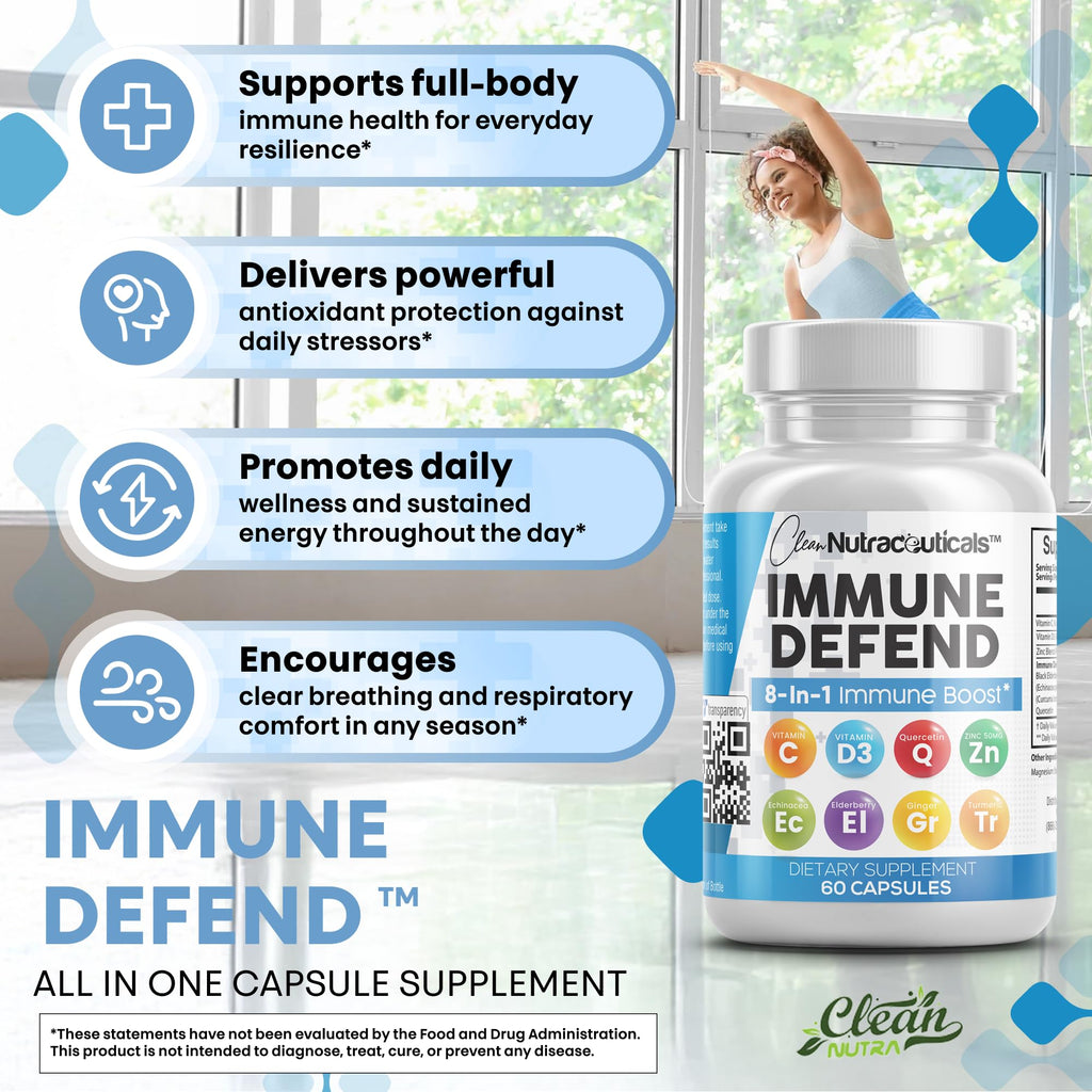 Immune Defense Support Supplement 8 in 1 w/ Zinc 50mg Quercetin, Vit C 1000mg, Vitamin D3 5000 IU, Elderberry, Turmeric Curcumin, Ginger, Echinacea - Immunity System Booster Adults Vegan - 60Ct (2)