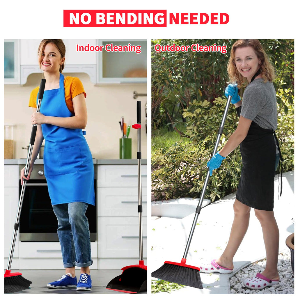 Broom with Dustpan Combo Set, Dust Pans with Long Handle for Upright Sweeping, Standing Broom and Dustpan Set with Self-Cleaning Teeth for Home, Kitchen & Office Floors(Red & Black)