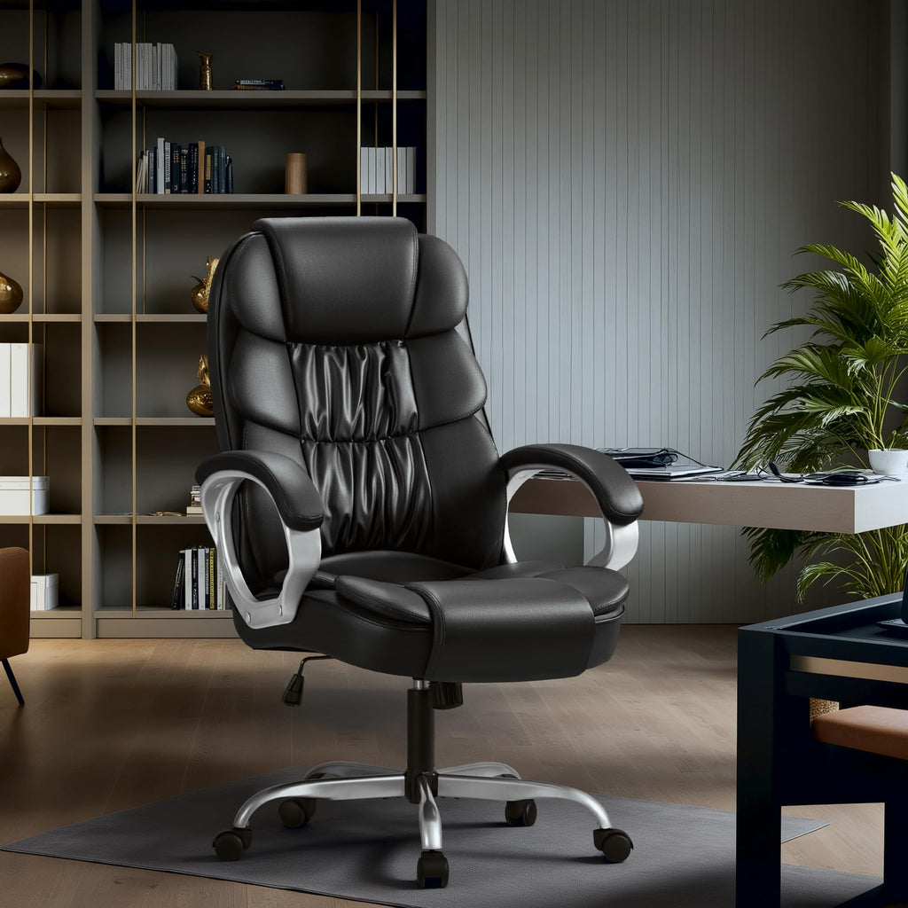 Homall High Back Ergonomic Desk Chair, PU Leather Adjustable Height Modern Executive Swivel Task Chair with Padded Armrests and Lumbar Support (Black)