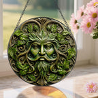 Green Man Stained Glass Suncatcher, Stained Glass Window Hanging, 8 Inch Window Decor Hanging, Gift for Garden Lovers, Fathers Day Birthday Gifts for Dad Grandpa Man Bother Husband Lover