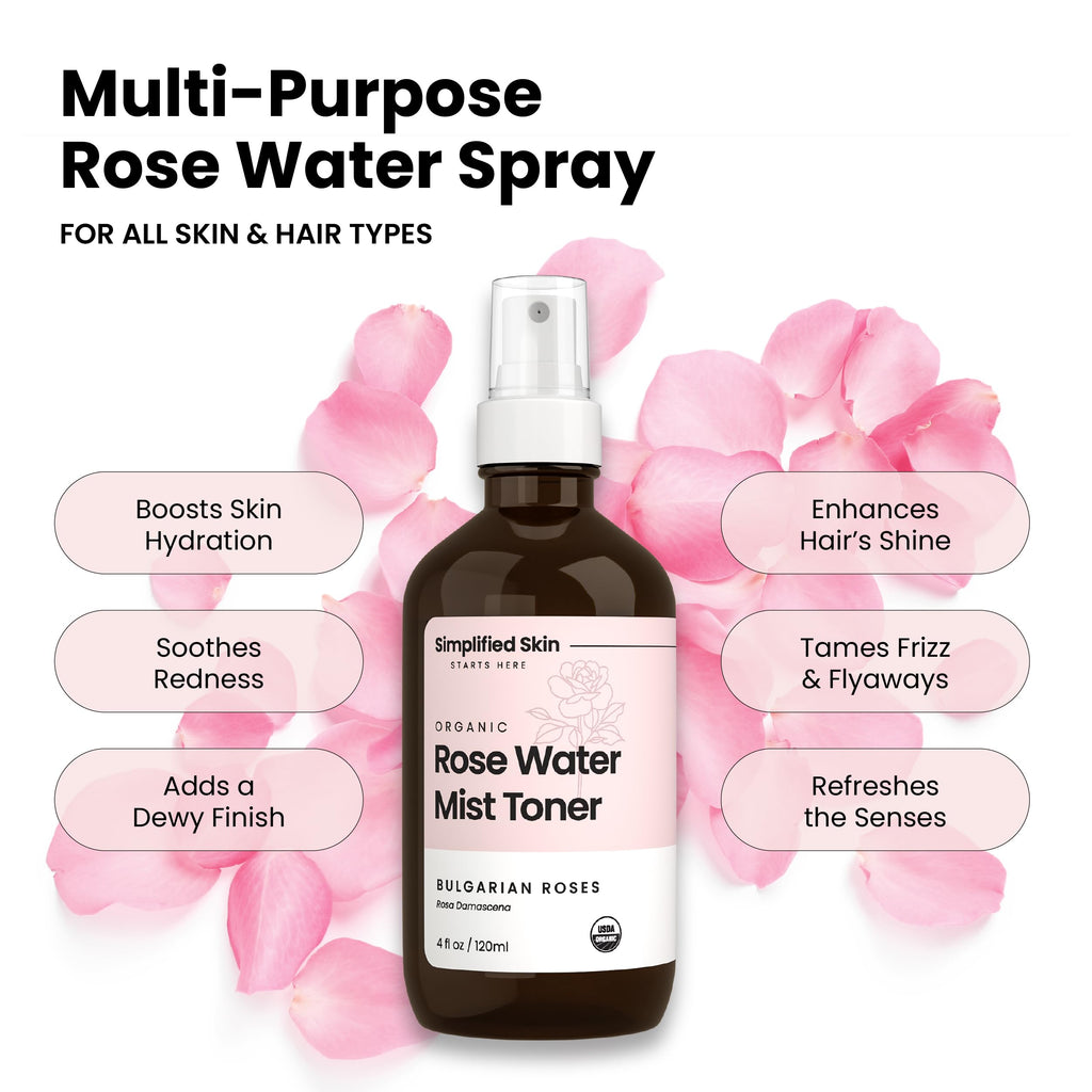 Organic Rose Water Spray for Face & Hair – Pure Rosewater Toner – Refreshing Mist for Skin Care, Makeup & Locs – Natural Rose Scent, 4 Oz (2 Pack)