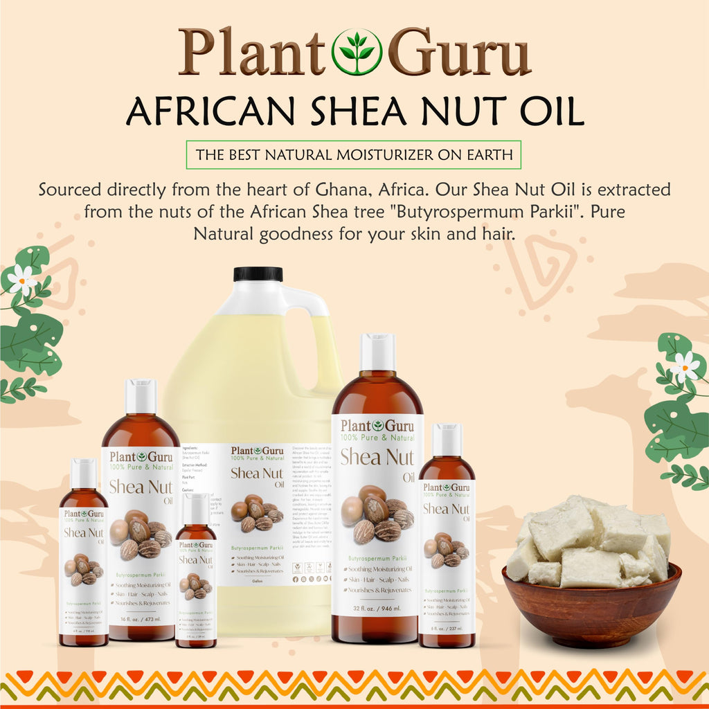 Plant Guru African Shea Nut Butter Oil 16 fl. oz. 100% Pure Natural Skin, Face, Hair Growth And Moisturizer. DIY Body Butters, Lotions, Creams, Lip Balm And Soap Making.