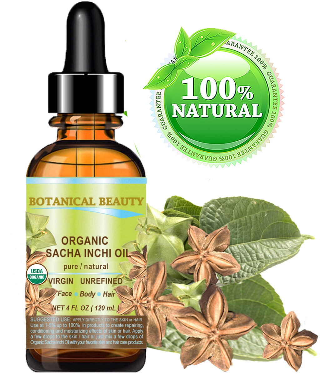 Botanical Beauty Organic SACHA INCHI OIL 100% Natural Pure Undiluted Virgin Unrefined Cold Pressed Carrier Certified Organic Oil For Face, Skin, Hair, Lip, Nails, Rich in Vitamin E (4 Fl Oz 120 ml)