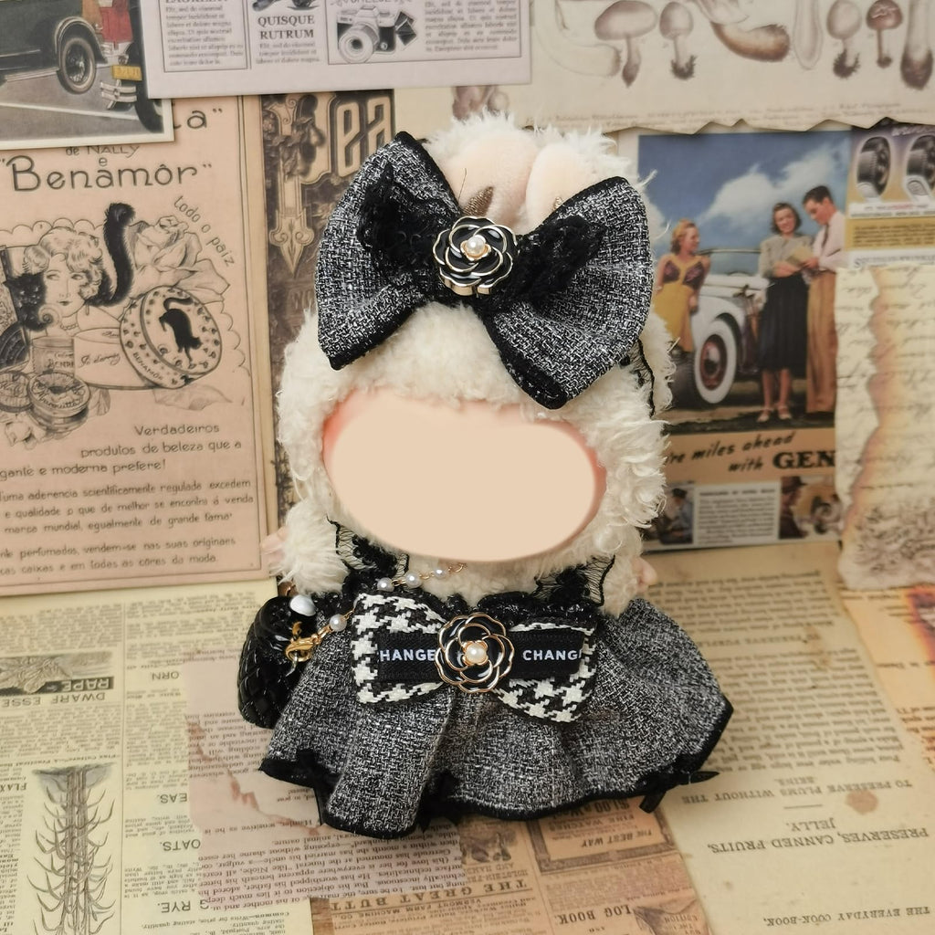 Clothes Compatible with LABUBU Doll – 4PCS Houndstooth lace Dress Set, 17cm Doll Clothes Designer Outfit for Urban Chic Theme, Classic Stylish Accessories for Labubu, No Doll (Houndstooth Rebel)