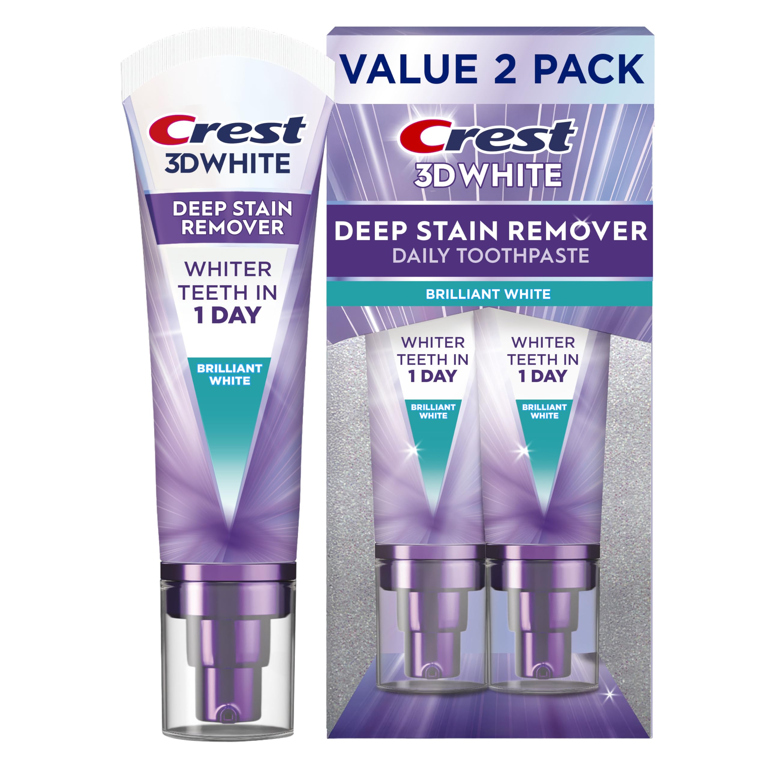Crest 3D White Deep Stain Remover Toothpaste, Teeth whitening for Adults, 3.1oz, 2 Pack, Sensitivity Safe, Enamel Repair, Cavity Protection, Fluoride Toothpaste, Travel Size Toiletries