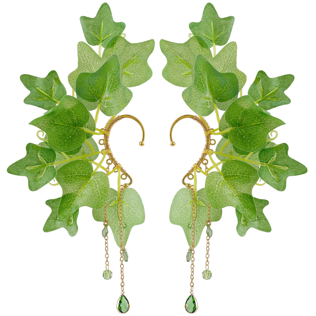 FRESHME Fairy Elf Ear Cuffs - Leaves Elven Ear Clip Wraps Poison Ivy Costume Woodland Earrings Forest Mother Nature Costume Renaissance Fantasy Dress Up Medieval Cosplay Accessories for Adult Women