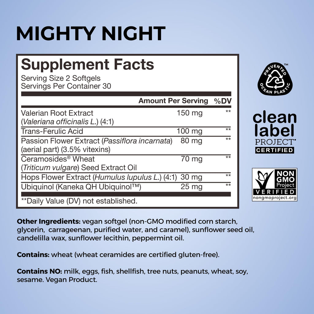 HUM Mighty Night Nighttime Sleep Supplement for Skin Care, CoQ10, Valerian Root & Ferulic Acid to Support Cell Turnover, Skin Vitamins for Women and Men, Overnight Beauty Vitamins, 60 Vegan Softgels