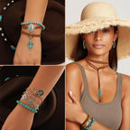 FEYIR Bohemian Turquoise Jewelry Set for Women Boho Turquoise Layered Necklace Bracelet Western Belt Stackable Ring Earrings Western Jewelry Accessories
