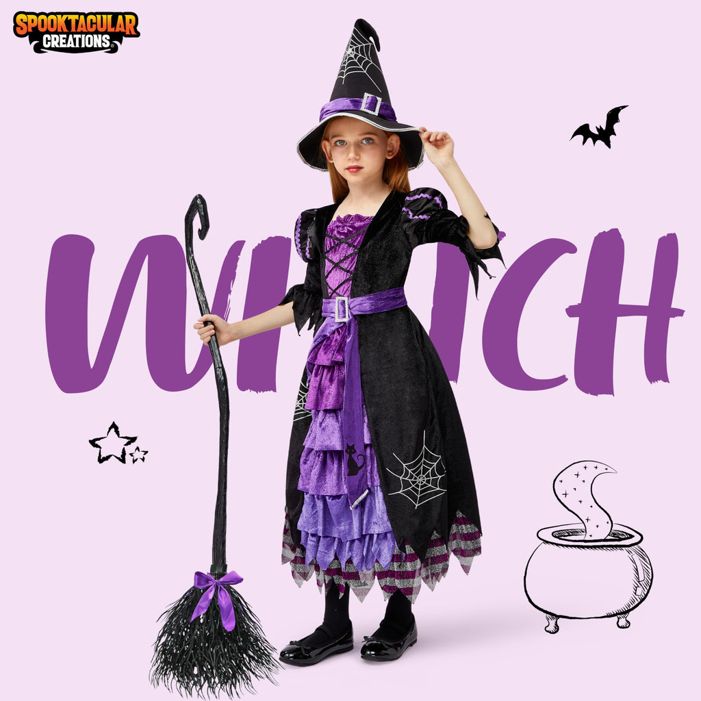 Spooktacular Creations Halloween Fairytale Witch Dress for Kids, Girls Cute Witch Costume Deluxe Set with Broom for Toddler Halloween Role Play Parties, Purple