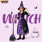 Spooktacular Creations Halloween Fairytale Witch Dress for Kids, Girls Cute Witch Costume Deluxe Set with Broom for Toddler Halloween Role Play Parties, Purple