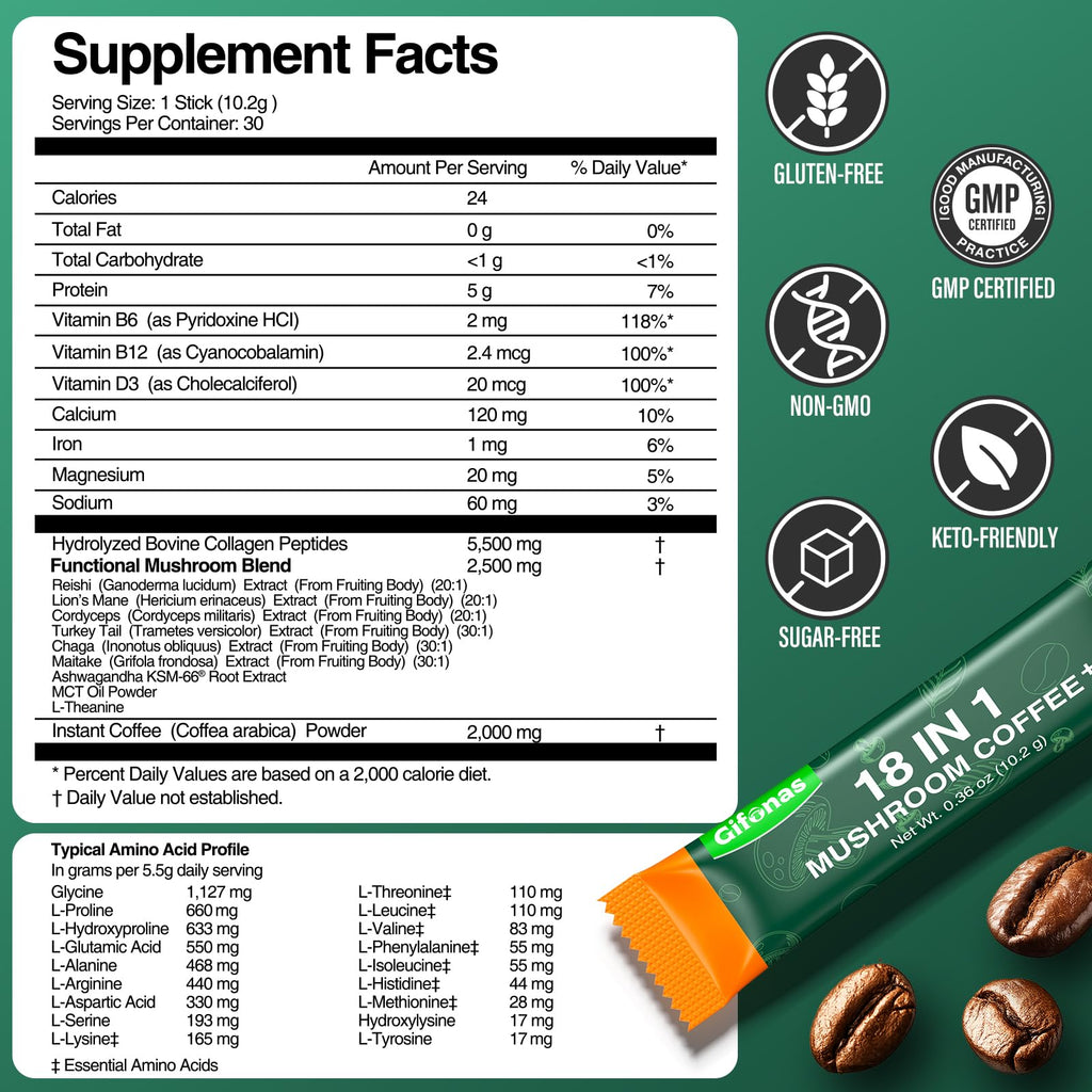 Mushroom Coffee with Collagen, Vitamins & Minerals, 6 Adaptogenic Mushrooms - Lion’s Mane, Reishi, Chaga & More, Organic Instant Coffee for Energy, Focus, Skin, Immune & Gut Support, 30 Servings