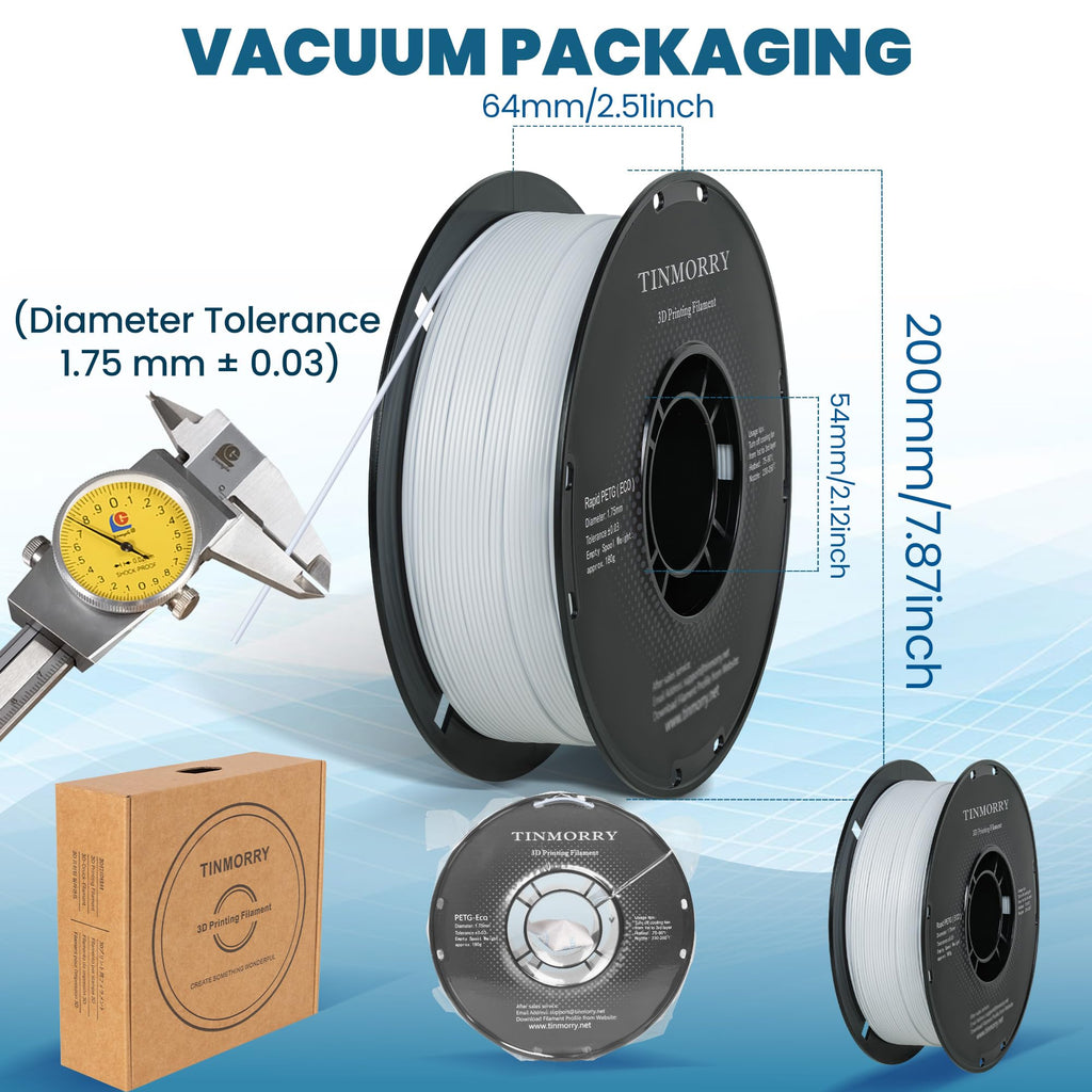 TINMORRY PETG Filament 1.75, Rapid PETG-Eco 3D Printer Filament, Compatible with Most FDM 3D Printers, 1 KG 1 Spool, Cold White