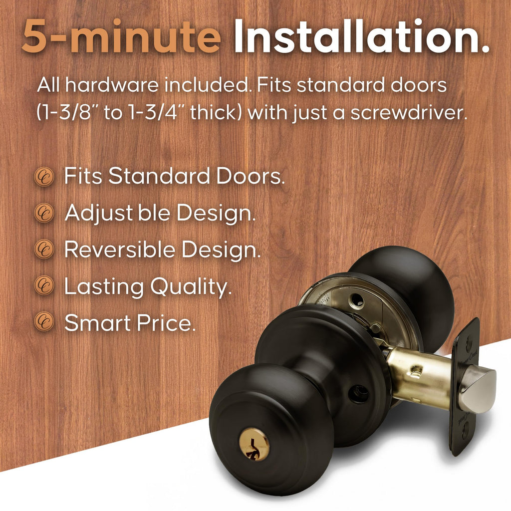 Copper Creek Colonial Entry Door Knob – Keyed Entry Handle with Lock and Key, ANSI Grade-3 Certified, DIY-Friendly Install for Interior and Exterior Entrance Doors – Tuscan Bronze (1 Pack)