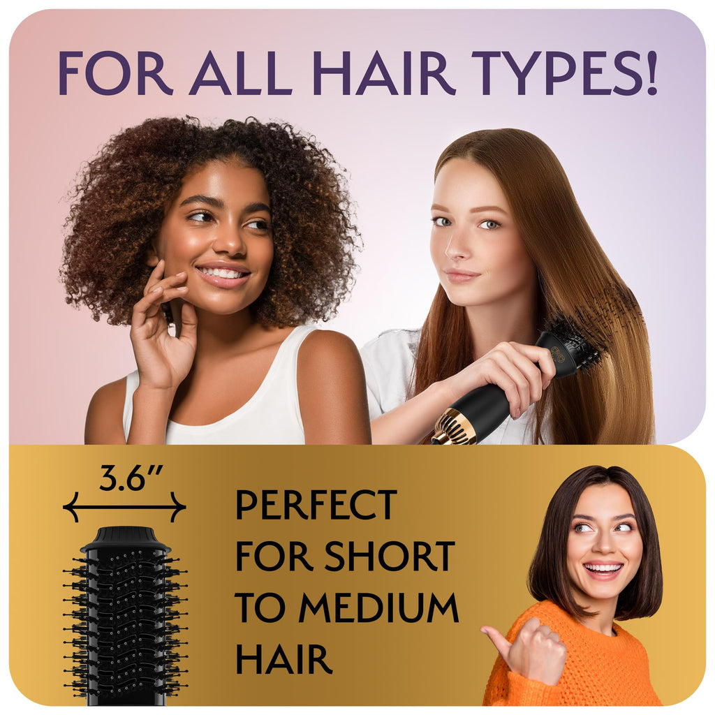 Manual Dual Voltage Blowout Hair Dryer Brush, Professional Hot Air Brush for European Travel 110V-120V/220V-240V, Black Gold Dryer and Volumizer for Women, 2.4 INCHES Oval Shape