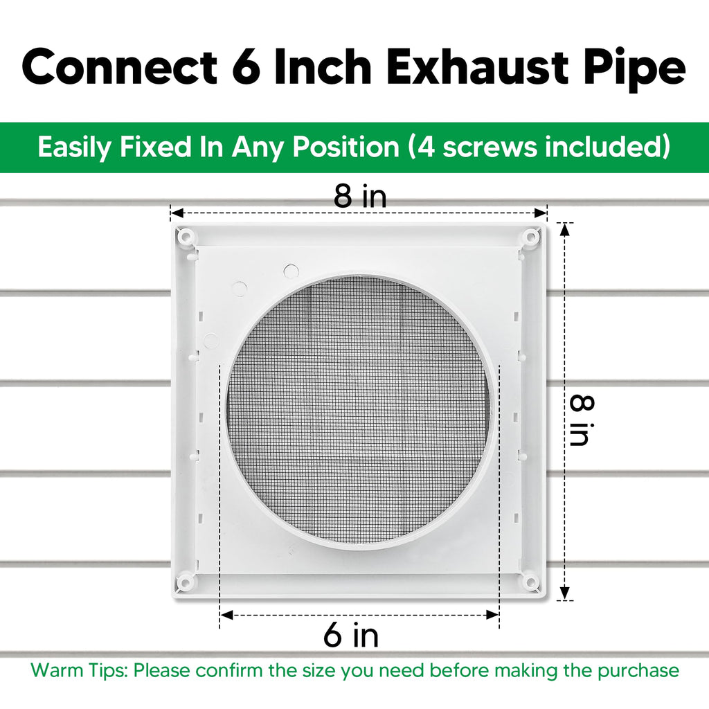 Funmit 6" Louvered Vent Cover 8" x 8" Oversize Outside Dimensions for 6 inches Dia Exterior Wall Vent Hood Outlet Airflow Vent Dryer Air Vent (White)