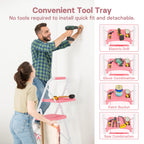 BONTEC 4-Step Ladder, 400lbs Max Load, Folding Step Stool with Tool Tray, Anti-Slip Pedals, Sturdy Steel, Lightweight Portable Ladder with Handrail for Home & Work Use, Pink
