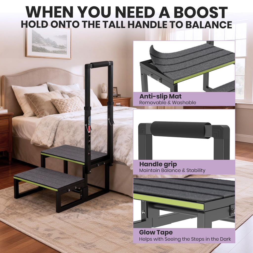 2 Step Stool with Handle for Elderly,Bed Steps for High Beds for Adults,Seniors,Heavy Duty Step Stool with Adjustable Handrail/Removable Cover/Glow Strip for Bathtub,Kitchen,RV