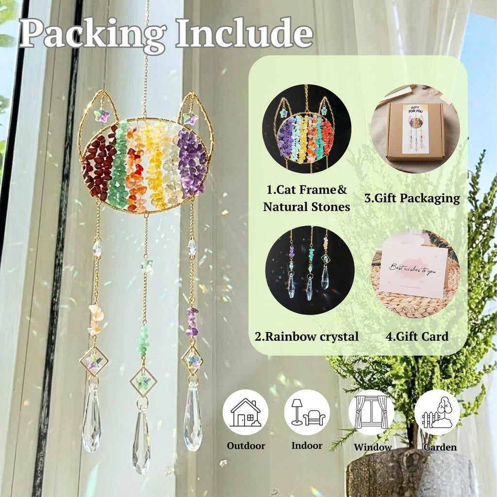 Cat Memorial Crystal Suncatcher - Natural Gemstone Rainbow Maker Wall Hanging Decor, Healing Stone Cat Lover Gifts for Women,Chakra CrystalWind Chimes for Window, Home, Garden Decoration