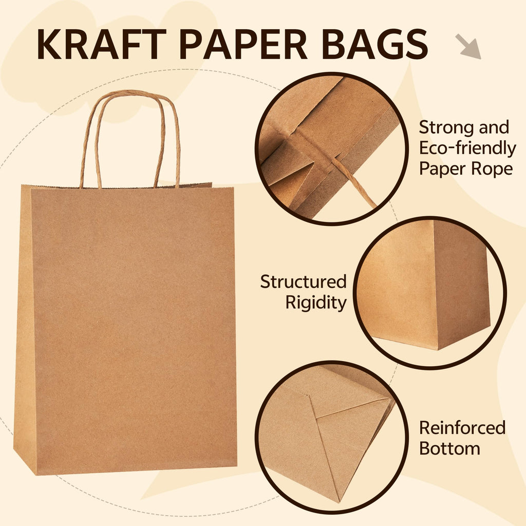YEEHAW 100 pcs Brown Paper Gift Bags with Handles, 8x4.5x10.8 Inch, Medium