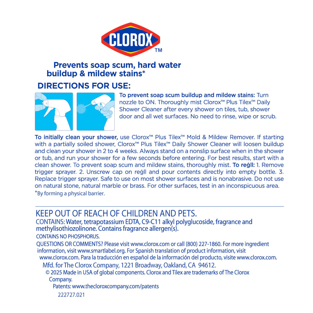 Clorox Plus Tilex Daily Shower Cleaner, 32 Fluid Ounce Spray Bottle, Pack of 3