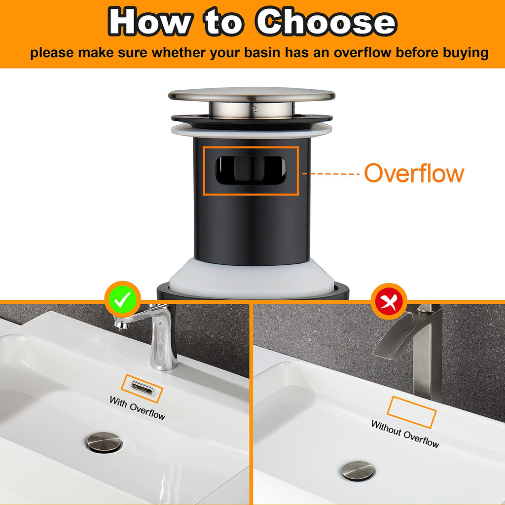 TIORIY Pop Up Bathroom Sink Drain - Bathroom Sink Stopper with Overflow for Faucet Vessel, Push Type Bathroom Sink Vanity Assembly with Strainer, Brushed Nickel
