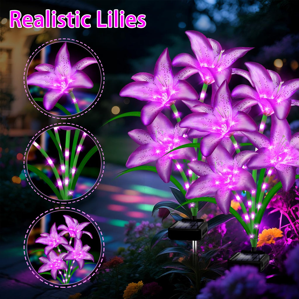 Solar Garden Lights 4 Pack 16 Purple Lily Flowers, Gifts for Mom Woman Birthday Outdoor Solar Flower Lights,Cemetery Flowers for Grave - Decorative Lilies for Yard, Patio, Pathway Decorations