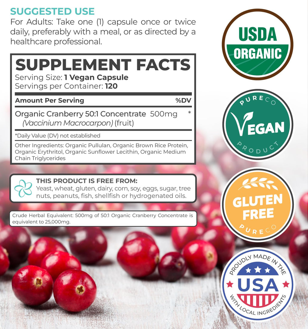 Organic Cranberry Extract Capsules - Super 50X Potency Cranberry Pills for Women to Support Urinary Tract Bladder and Kidney - Vegan Non-GMO USDA Organic & North American Sourced (4 Month Supply)
