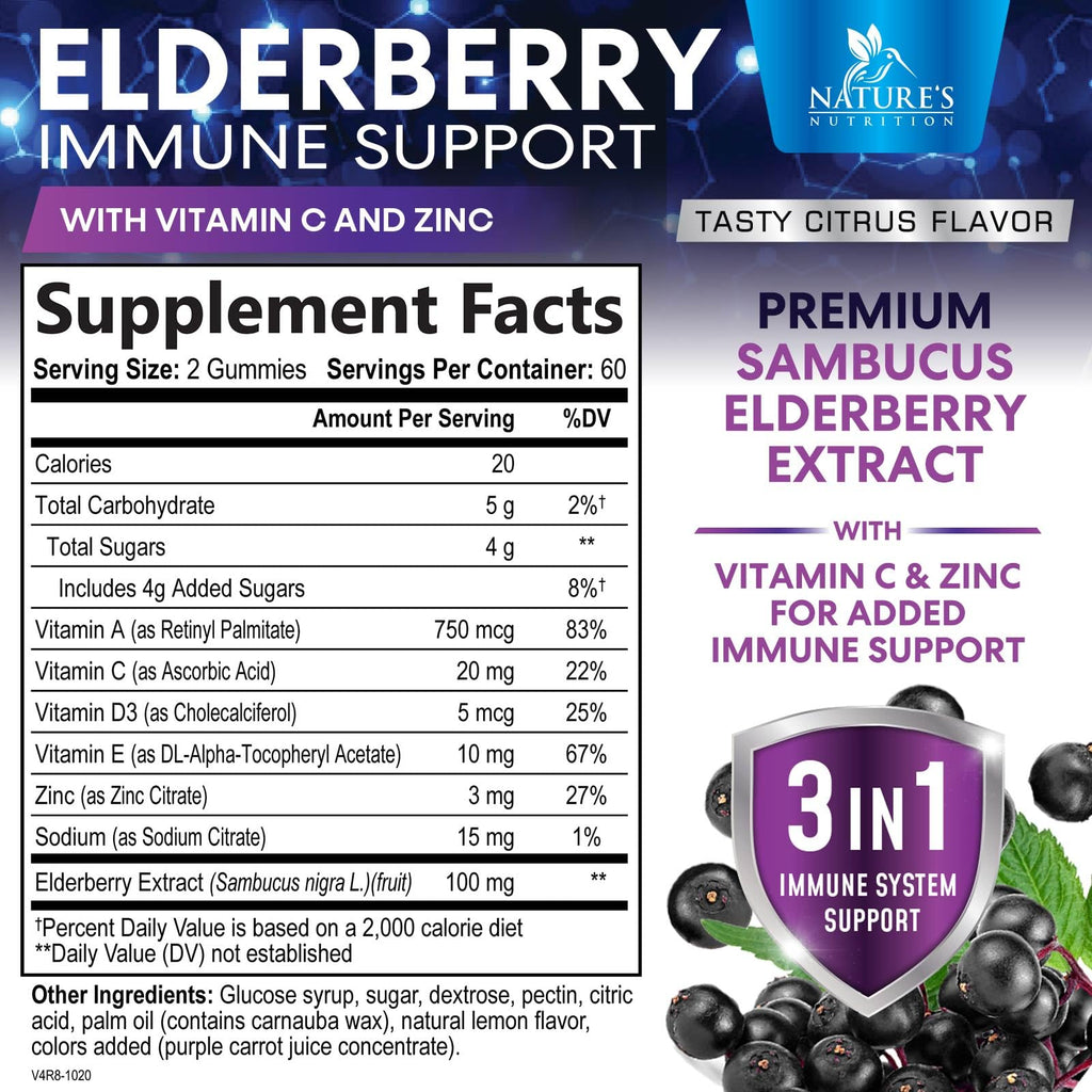 Elderberry Gummies - 3X Strength Black Elderberry Immune Support Gummy with Vitamin C, D3 and Zinc for Kids & Adults, Immune Health Support Supplement Gummy, Black Elder Berry Vitamins - 120 Gummies