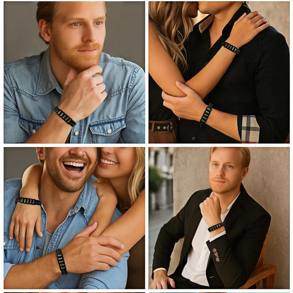 Tina&Co Personalized Men's Bracelet with 0–6 Name Beads – Black Braided Leather, Adjustable Sizes, Custom Gift for Dad, Husband, Son, Boyfriend