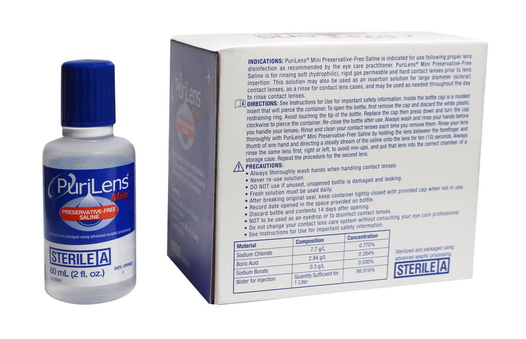 Purilens Mini Preservative-Free Contact Lens Saline 60ml (2 fl. oz.) 6 Pack
