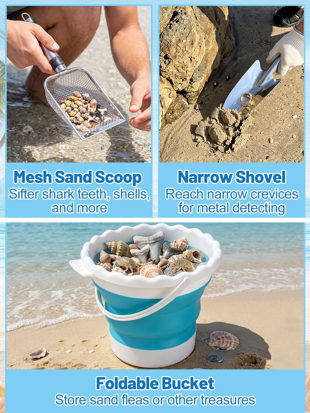 69in Effortless Sand Flea Rake Kit - Anti-Rust Stainless Steel Shark Tooth Sifter with The Narrow Shovel, Mesh Sand Scoop & Bucket, Sands Sifter Shelling Tools for Beach Metal Detecting Beachcombing