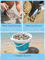 69in Effortless Sand Flea Rake Kit - Anti-Rust Stainless Steel Shark Tooth Sifter with The Narrow Shovel, Mesh Sand Scoop & Bucket, Sands Sifter Shelling Tools for Beach Metal Detecting Beachcombing