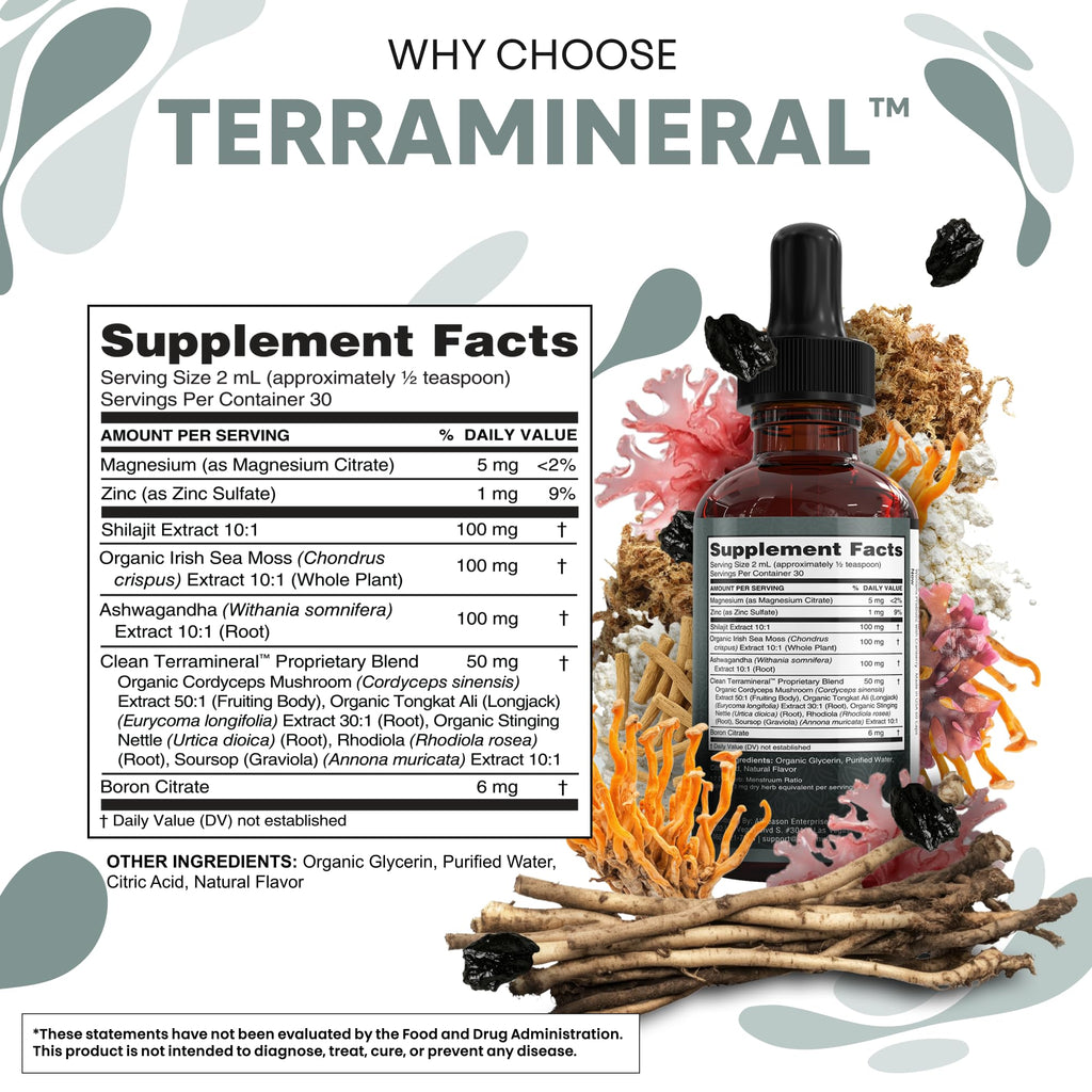 Clean Nutraceuticals Shilajit Liquid Drops with Sea Moss, Ashwagandha, Zinc, Magnesium, Liquid Vitamins for Women and Men - Terra Mineral