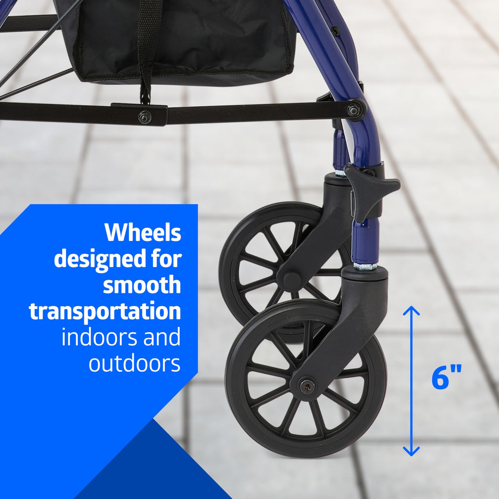 Medline Rollator Walker with Seat, Steel Rolling Walker with 6-inch Wheels Supports up to 350 lbs, Medical Walker, Blue