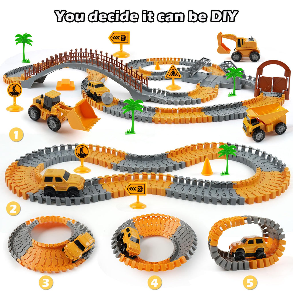 TGJH Construction Race Car Track Set for Kids - Flexible Engineering Toys with 2 Electric Cars, Birthday Gift for 3 4 5 6 7 Year Old Boys, DIY Road Games Playset with 220+ PCS