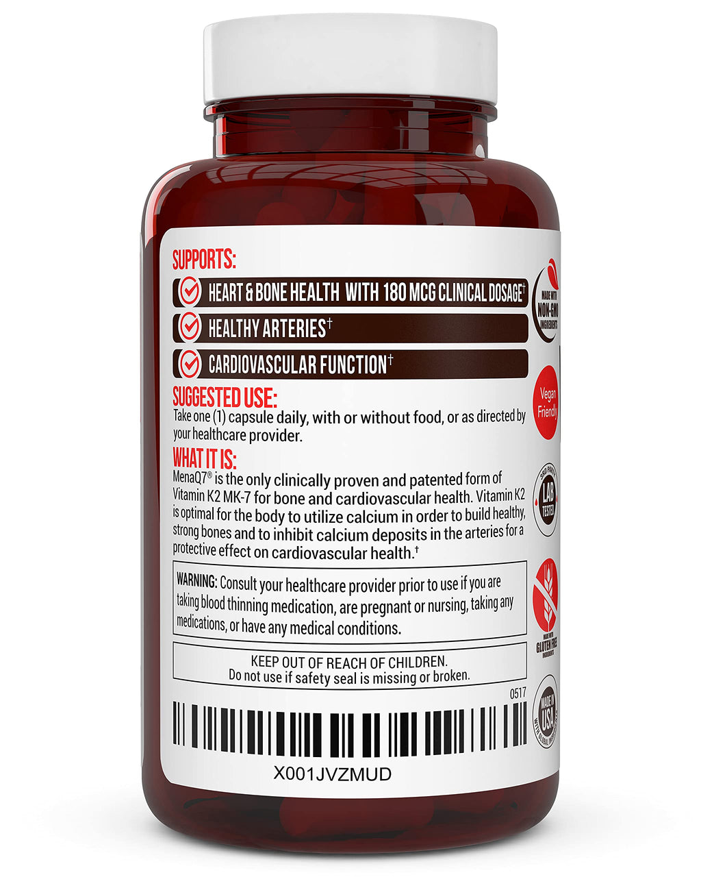 Vitamin k2 MK-7 Supplement 180mcg -Vitamin K2 Supports Bone & Heart Health for Cardiovascular Calcium Absorption from Arteries- 60 Easy to Swallow Vegetable caps of MenaQ7 K2 MK7