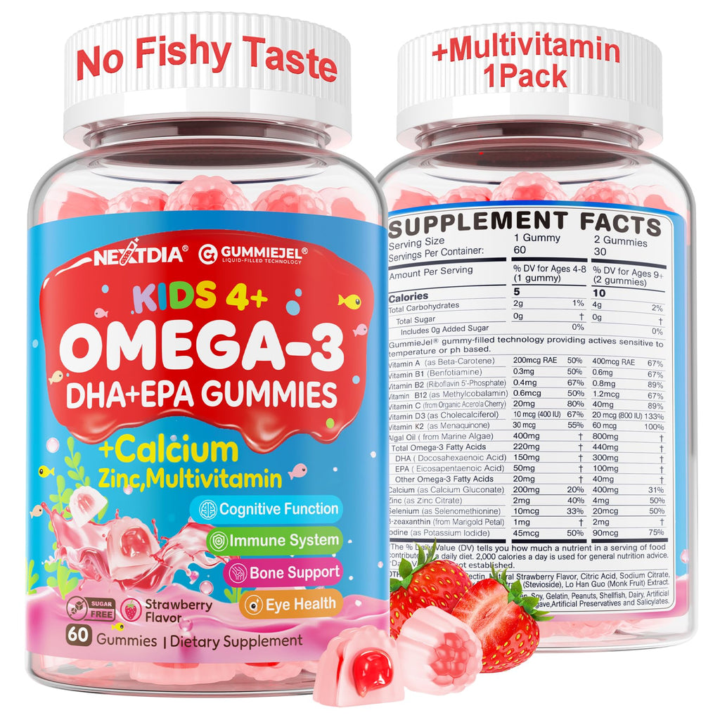Nextdia Omega 3 (EPA/DHA) Filled Gummies for Kids Teen with Multivitamin, Calcium + D3 + K2 + Zinc, Plus Vitamin A B1 B2 B12 C, Selenium, Iodine for Brain, Eye, Bone, Energy, No Fish Taste, Sugar Free