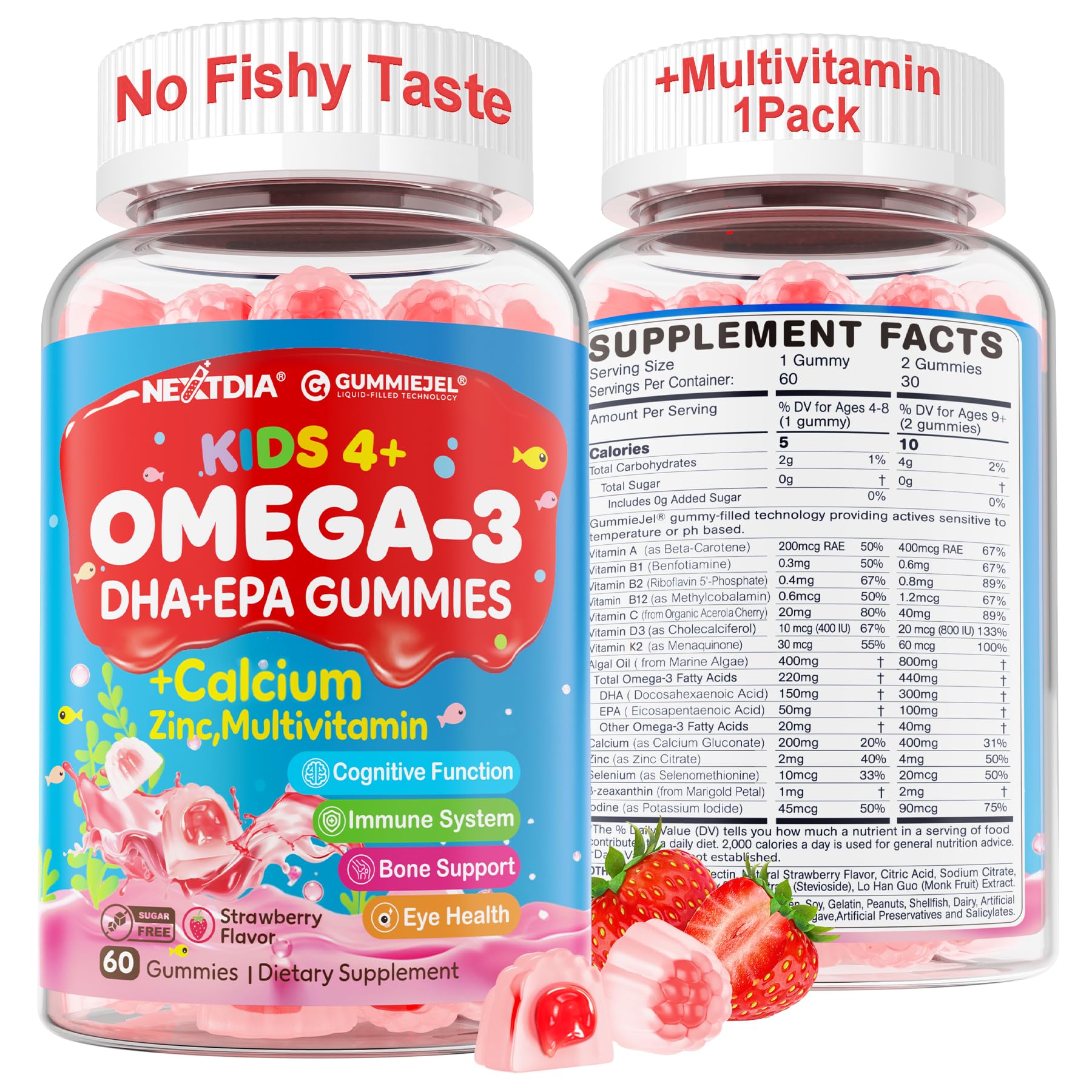 Nextdia Omega 3 (EPA/DHA) Filled Gummies for Kids Teen with Multivitamin, Calcium + D3 + K2 + Zinc, Plus Vitamin A B1 B2 B12 C, Selenium, Iodine for Brain, Eye, Bone, Energy, No Fish Taste, Sugar Free