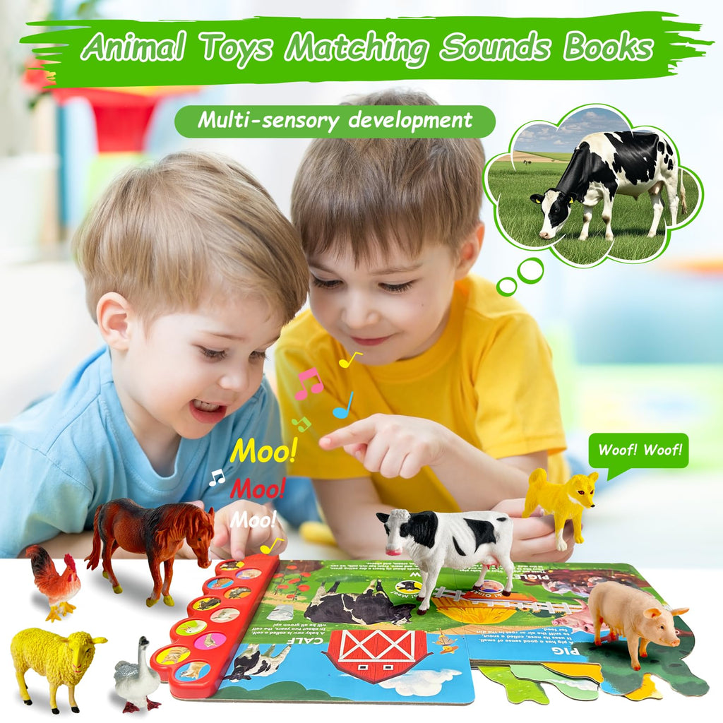 iGRATENS Farm Animals Figures Toys with Sound Books, 10PCS Farm Animals for Toddlers & Animal Sound Books with 10 Buttons, Plastic Animals, Farm Toys for Toddlers 3-5, Animal Lover Gifts for Kids