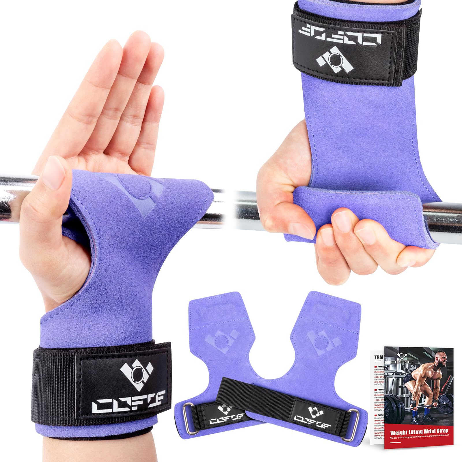 COFOF Weight Lifting Wrist Strap,Double Layer Leather Weightlifting Wrist Strap for Deadlift and Powerlifting, Adjustable Neoprene Padded Gym Workout Lifting Wrist Hooks for Men/Women(Pair)