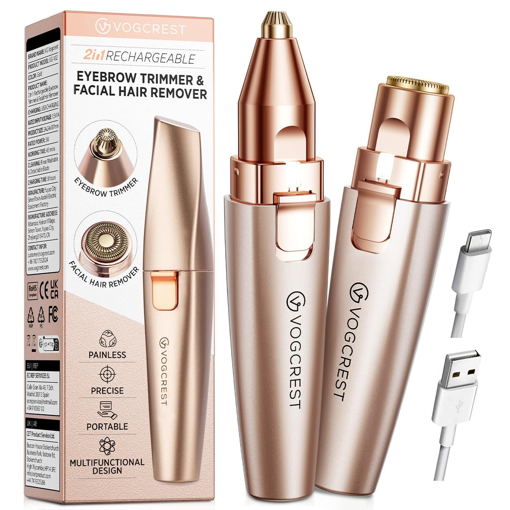 VG VOGCREST Eyebrow & Facial Trimmer: 2 in1 Rechargeable Facial Hair Removal & Eyebrow Shaver - Body Razor with Built-in LED Light (Rose Gold)