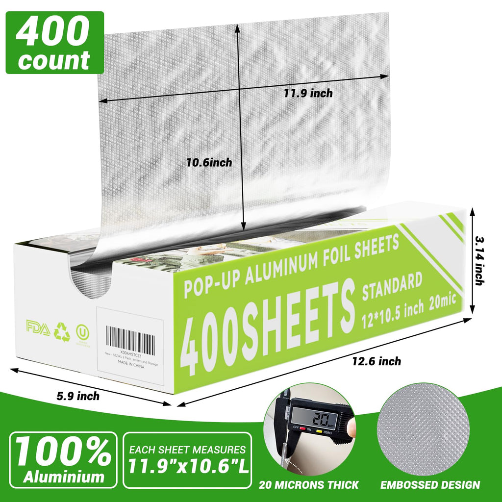 Aluminum Foil Sheets, 400 Count Tin foil,12" x 10.5" Pre-Cut Pop-Up Dispenser for Food Wrap, Hot Dog or Sandwich Wrap,Food Storage, Baking, Catering, Restaurant,Kitchen Use (Silver, 12 Inch)