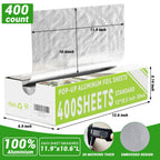 Aluminum Foil Sheets, 400 Count Tin foil,12" x 10.5" Pre-Cut Pop-Up Dispenser for Food Wrap, Hot Dog or Sandwich Wrap,Food Storage, Baking, Catering, Restaurant,Kitchen Use (Silver, 12 Inch)