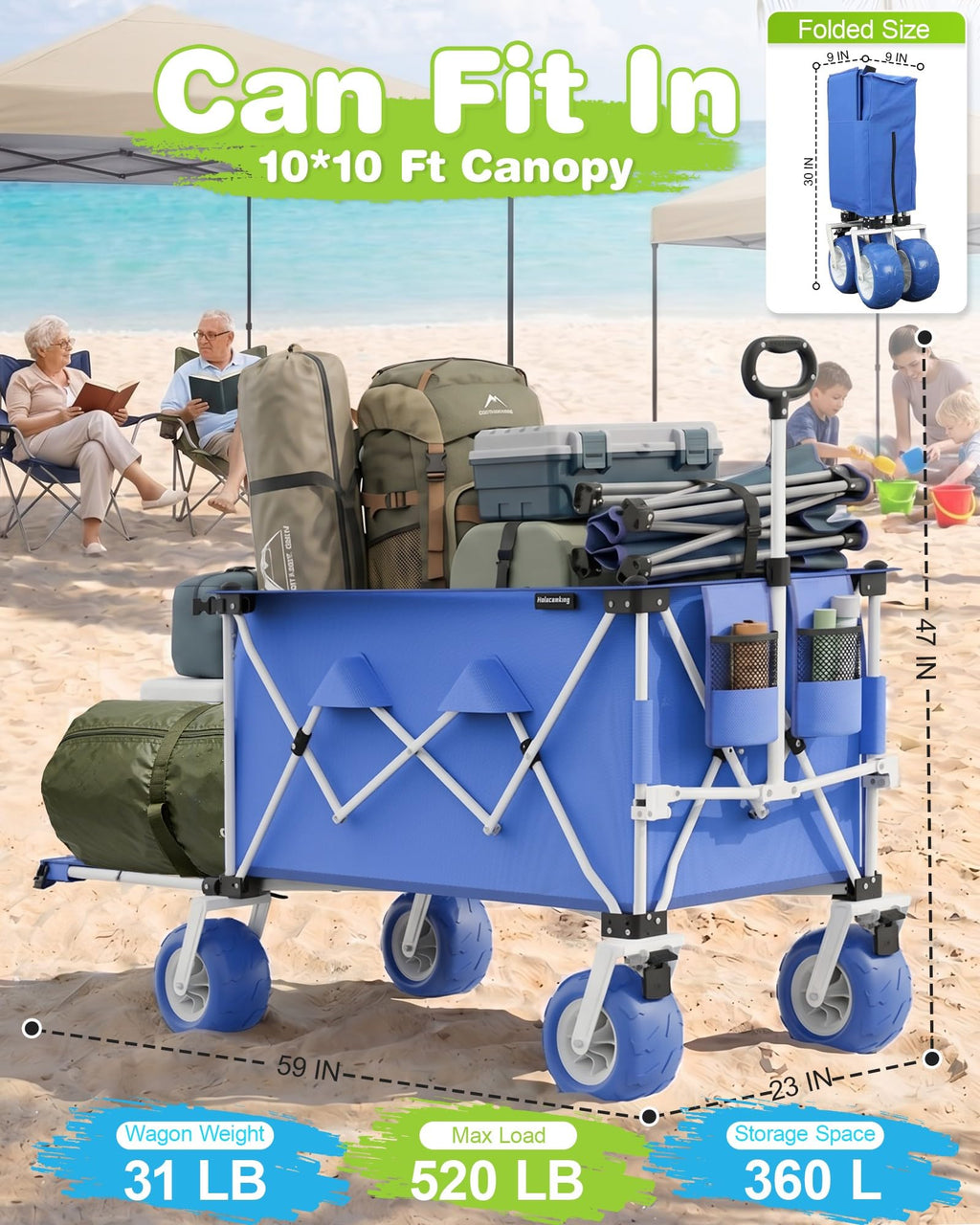 Holacamking 59"L Beach Wagon with 9×4" Big Sand Wheels, Expandable Tailgate