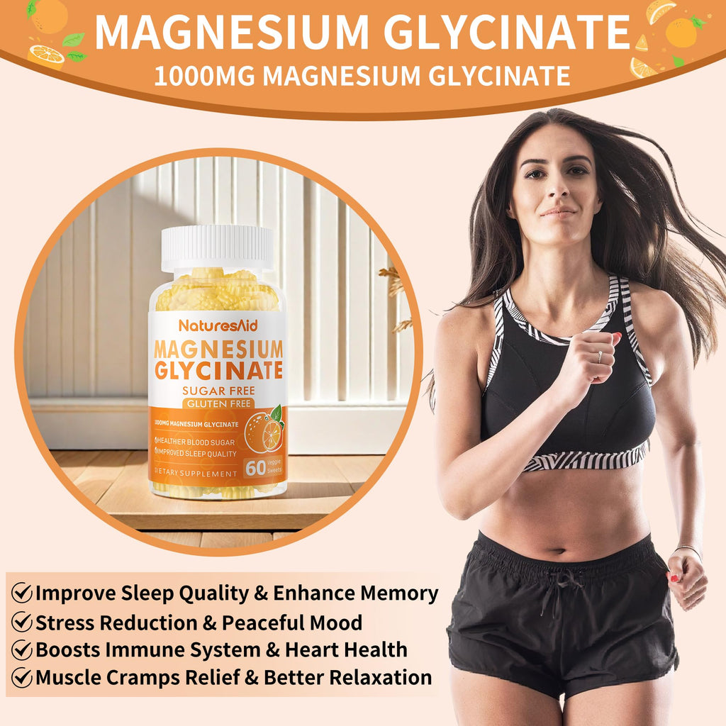 Magnesium Glycinate Gummies 1000mg - Sugar Free Magnesium Potassium Supplement with Vitamin D, B6, CoQ10 for Calm Mood & Sleep Support - 120 Orange Gummies -2 Pack