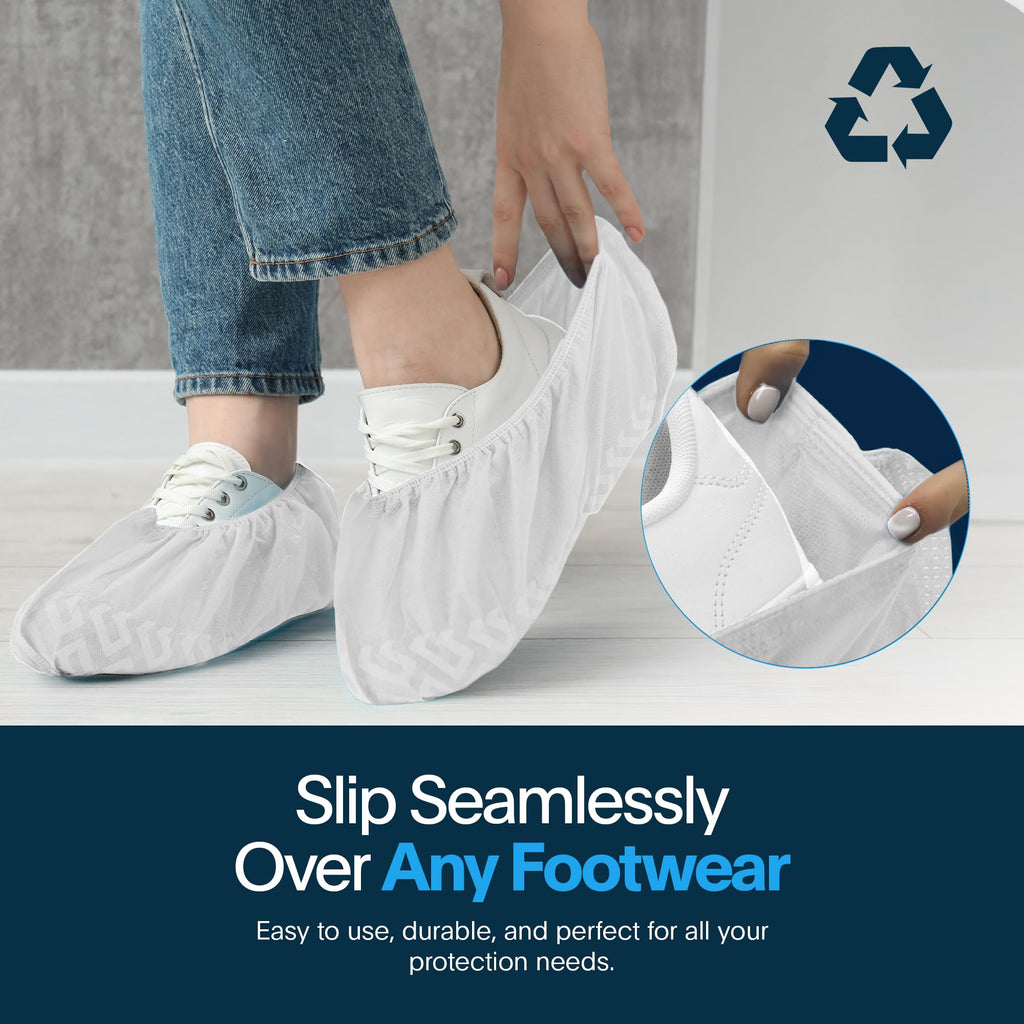 Premium Boot & Shoe Covers Disposable Booties - 100 Pack - Durable, Non-Slip, Non-Toxic, Water Resistant, Recyclable Protectors for Indoor & Outdoor - Large Size Fits Most Shoes